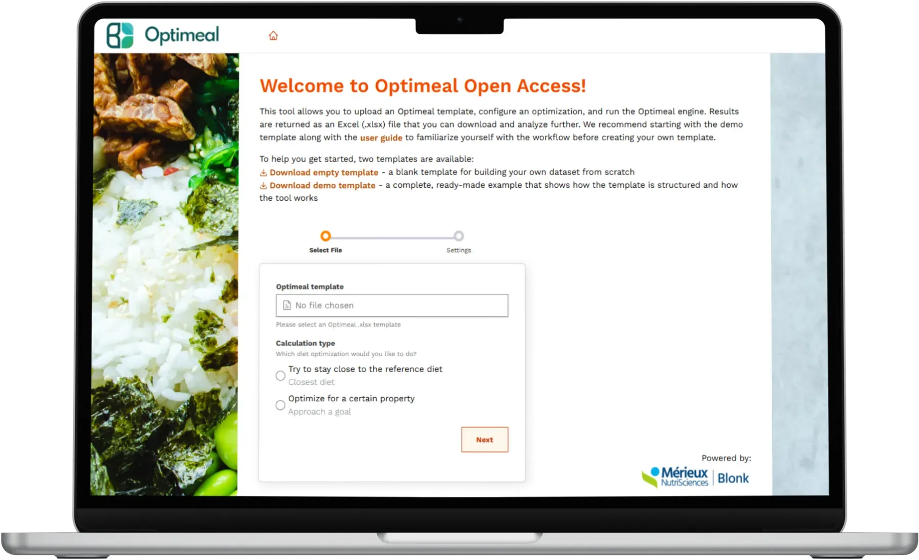 Optimeal Open Access - interface